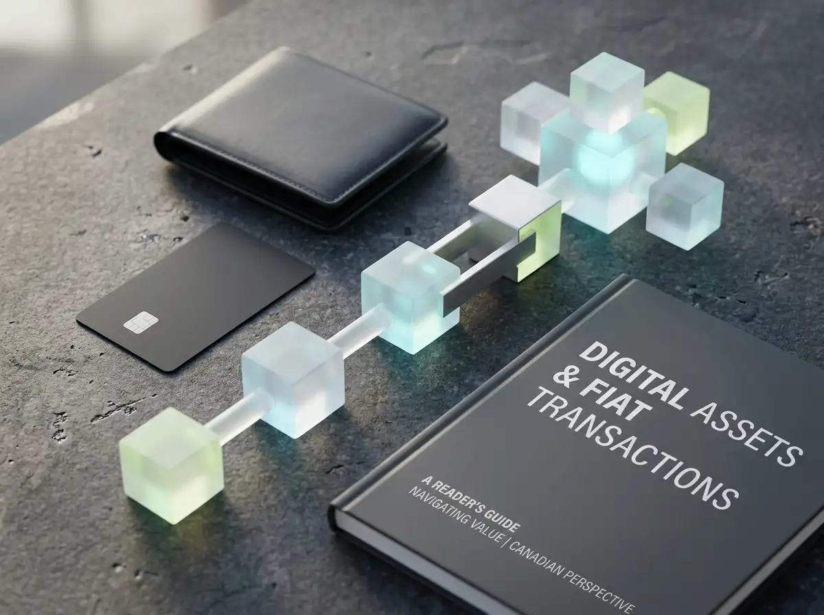 Editorial still life of a payment card, a generic wallet shape and abstract digital-transfer links